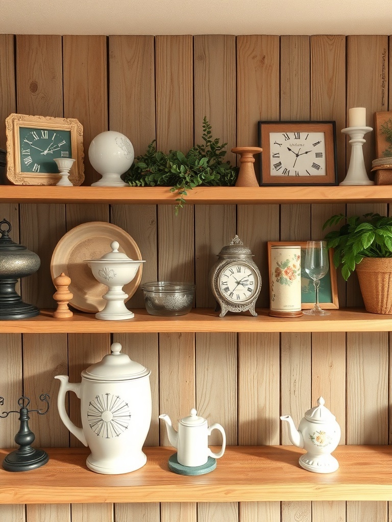 14 Whimsical Home Decor Items to Spark Your Imagination 7 A shelf displaying various vintage decor items including teapots, clocks, and greenery against a wooden wall.