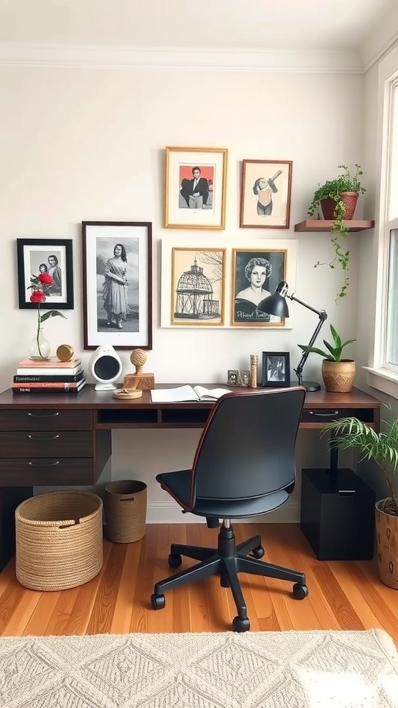 A cozy home office setup featuring a wooden desk, two monitors, framed photos, and plants.