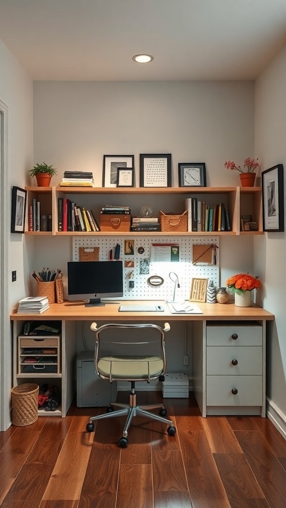 A cozy home office setup with a desk, shelves, and a computer.