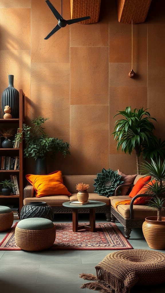 Cozy living room with earthy color palette, featuring terracotta walls, orange cushions, plants, and wooden furniture.