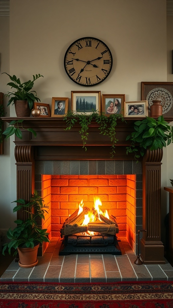 7 Timeless Traditional Home Decor Essentials 1 Cozy fireplace with flames, family photos on the mantel, and plants around it.