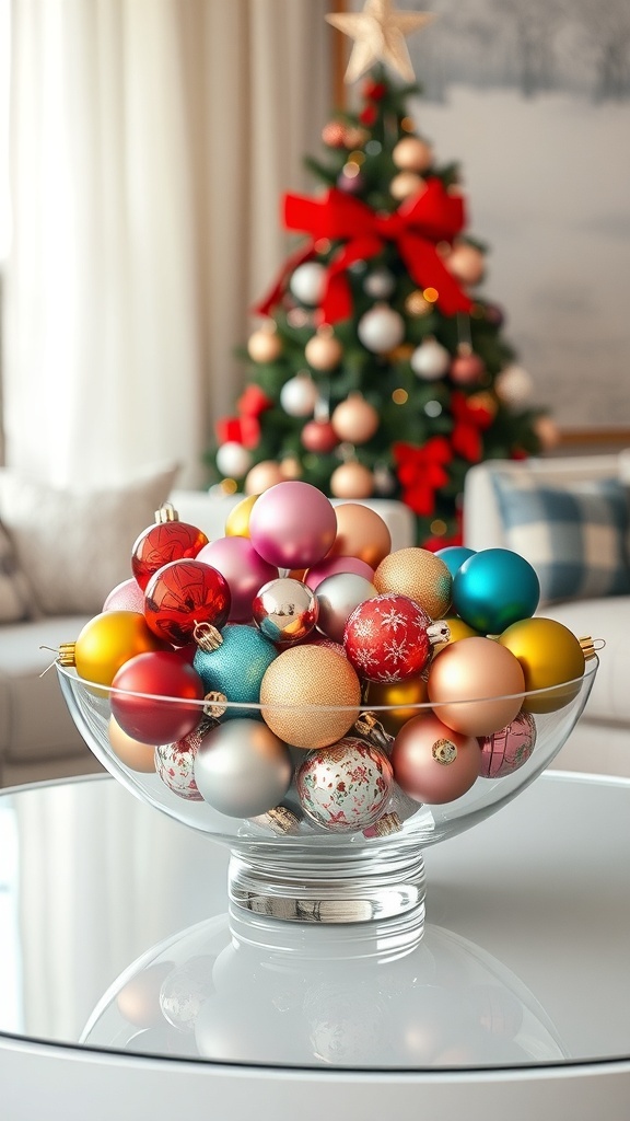 A colorful arrangement of Christmas ornaments in a glass bowl with a decorated Christmas tree in the background.
