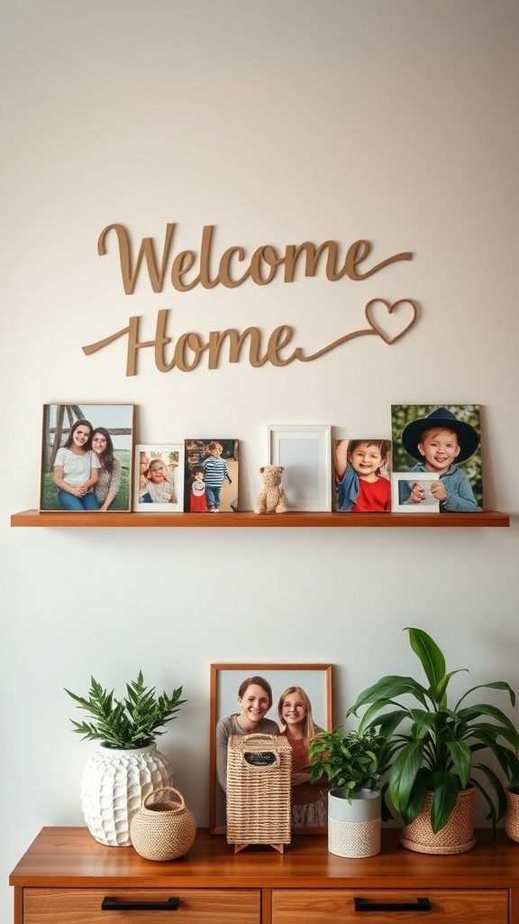 A warm family photo display with a 'Welcome Home' sign, framed pictures, and decorative plants.