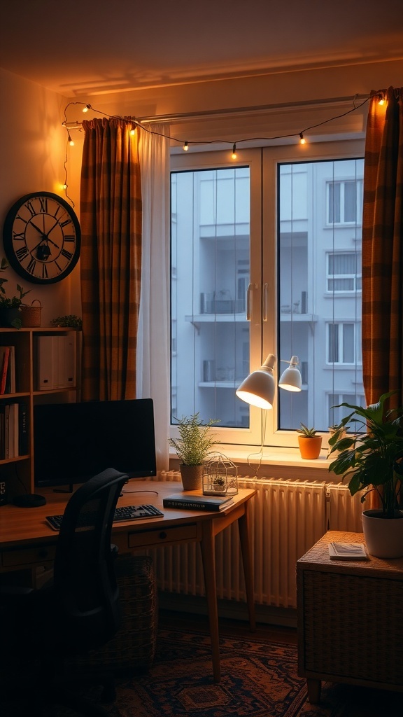 A cozy home office with warm lighting, featuring string lights and desk lamps, plants, and a computer desk.