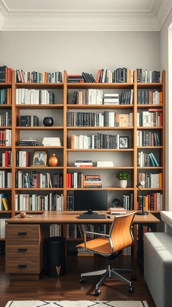 A stylish home office with wooden bookshelves filled with books, a desk, and a comfortable chair.
