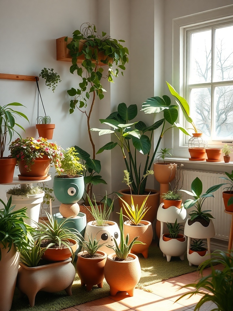 14 Whimsical Home Decor Items to Spark Your Imagination 8 A bright room filled with various plants in uniquely designed pots, showcasing a creative plant display.