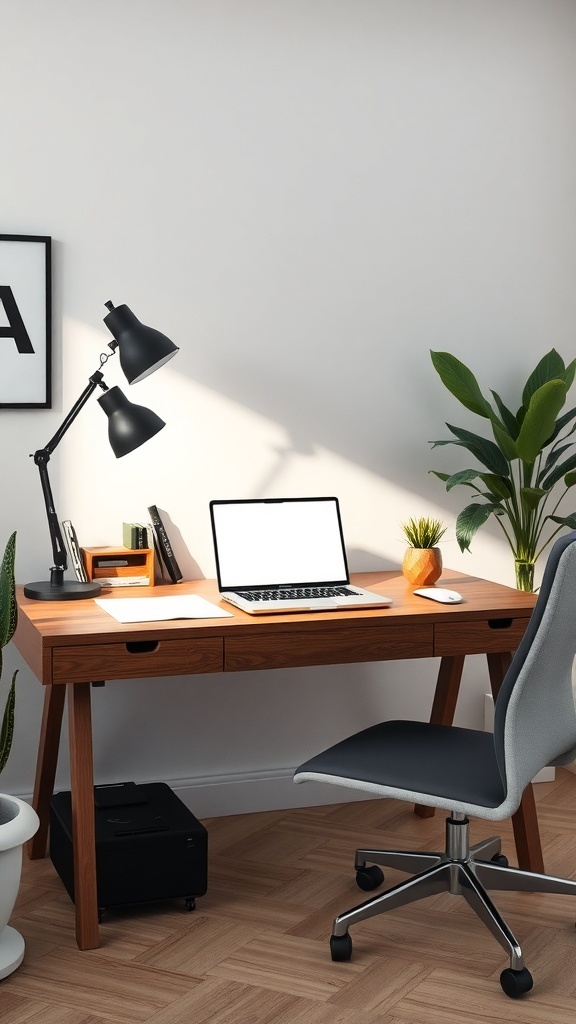 A modern home office desk setup with a laptop, lamp, and plants.