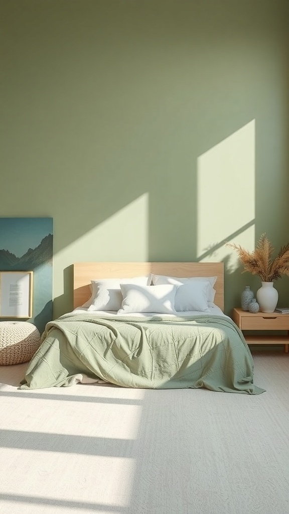 A serene sage green bedroom with soft lighting, a cozy bed, and natural decor.