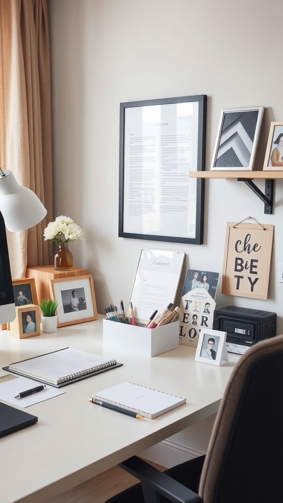 A cozy home office setup featuring a desk with personalized decor, framed photos, and organized stationery.