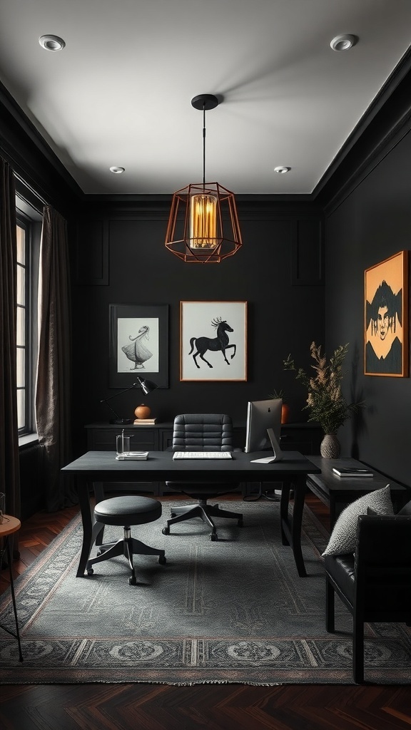 A moody home office with dark walls, a black desk, and stylish decor.