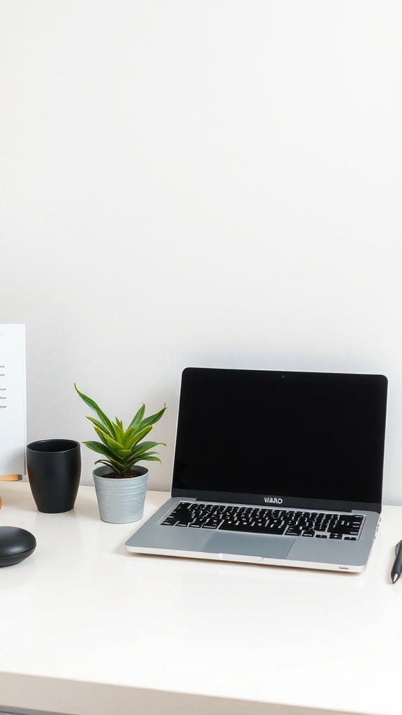 A clean and organized home office desk with a laptop, plants, and minimal clutter.