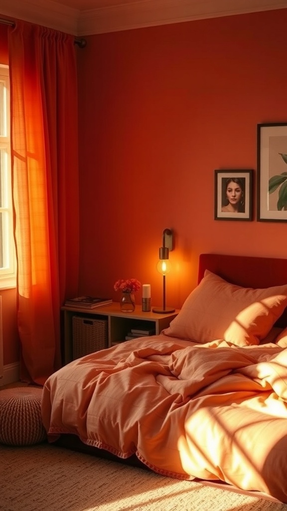 A cozy bedroom featuring warm orange walls, soft bedding, and gentle lighting.
