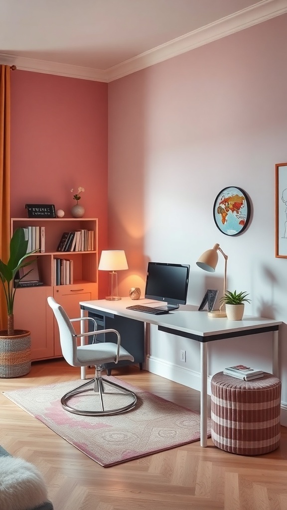 A stylish home office with pink walls, a white desk, and warm accents.