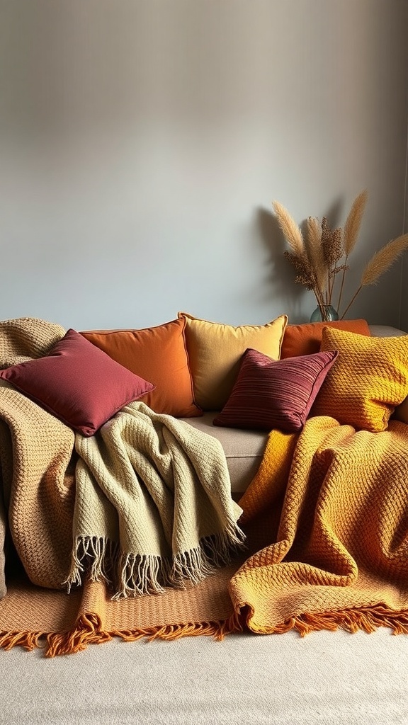 A cozy living room sofa with warm-colored pillows and textured throws, perfect for autumn decor.