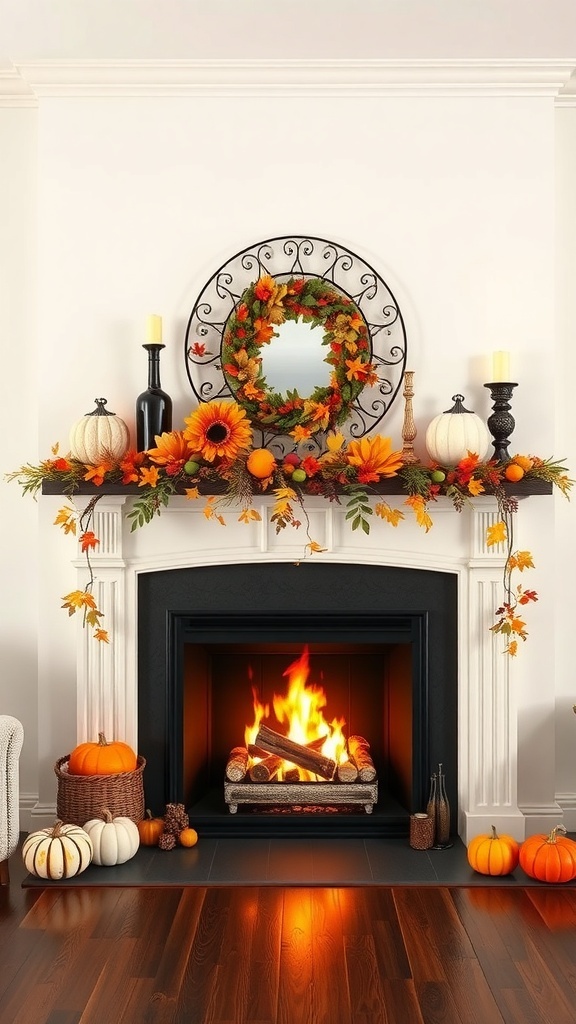 A cozy fireplace with a decorated mantel featuring sunflowers, pumpkins, and a mirror, creating a warm fall atmosphere.