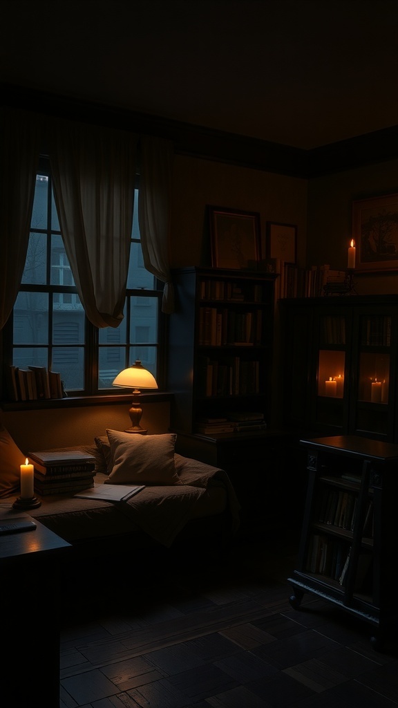 A dimly lit bedroom corner with a lamp and candles, showcasing a cozy dark academia vibe.