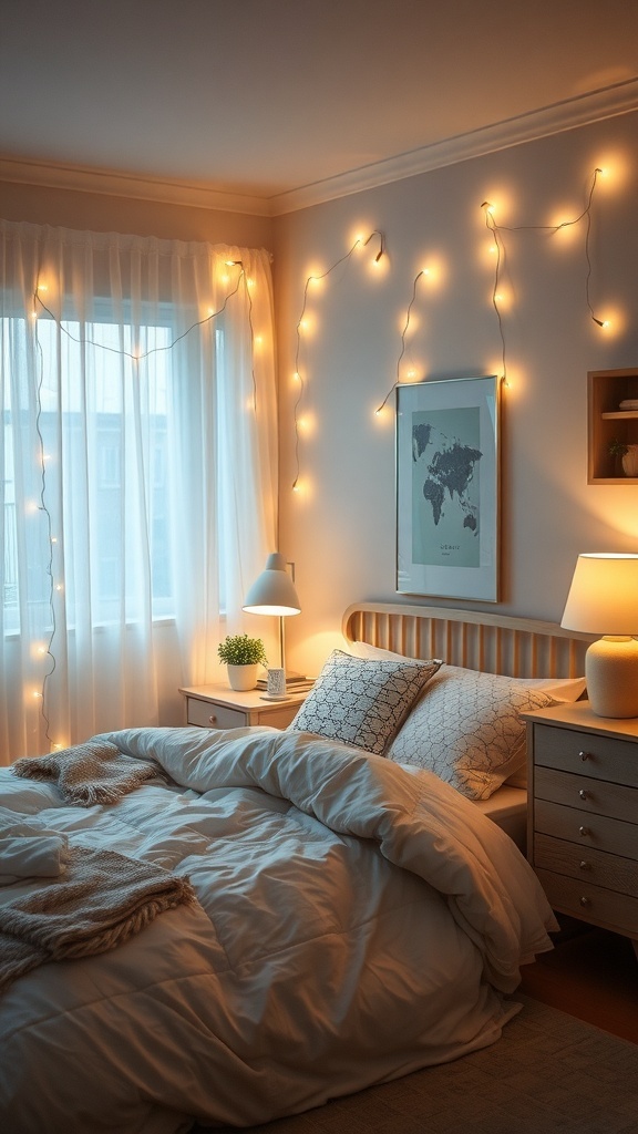 A cozy bedroom with ambient lighting, featuring fairy lights, a bedside lamp, and soft bedding.