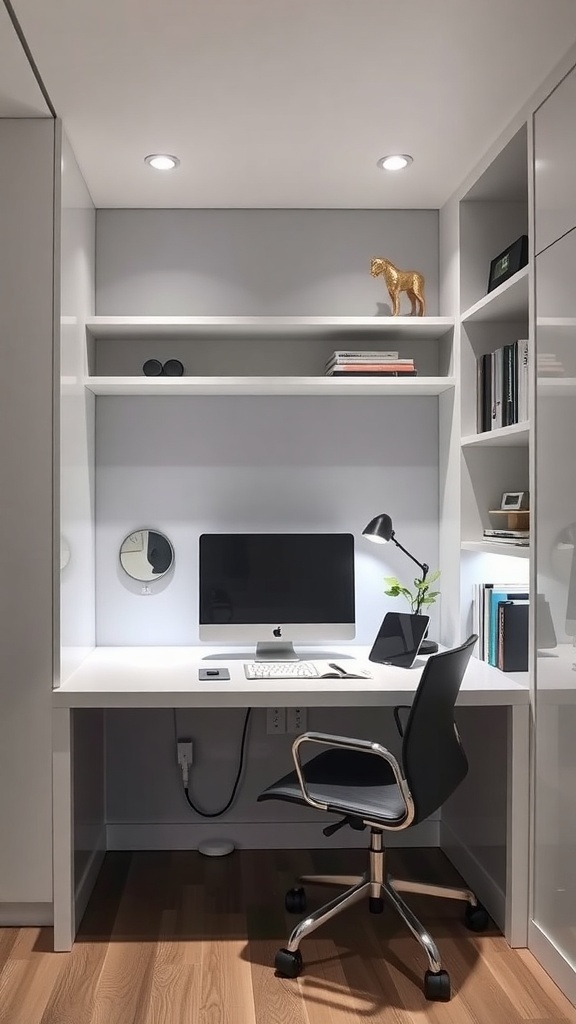 A modern home office built-in with a desk, featuring a computer, lamp, and decorative items on shelves.