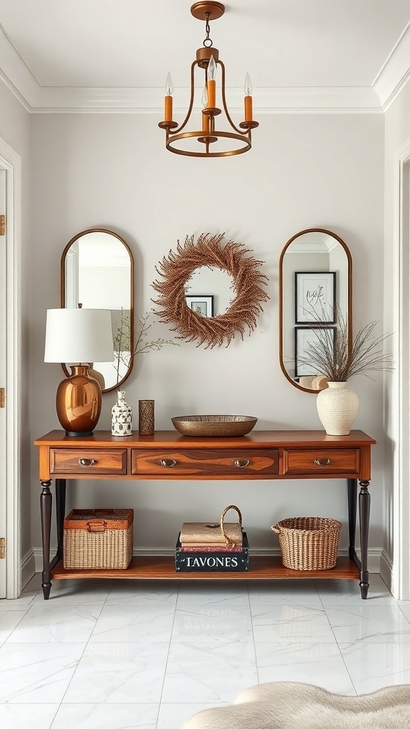13 Awesome Home Decor Inspo to Transform Your Space 10 A stylish entryway featuring a wooden console table with decorative items, mirrors, and a chandelier.