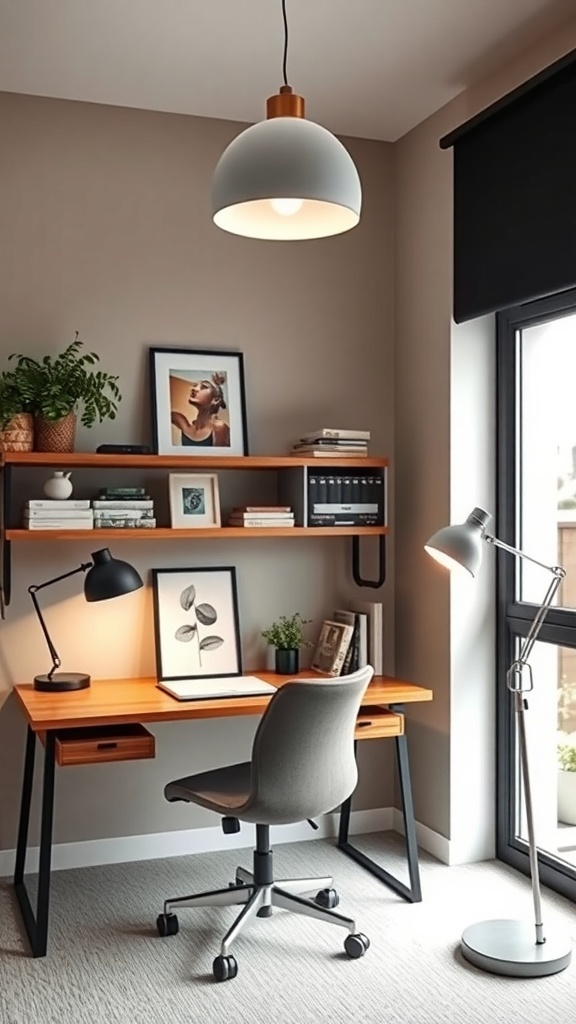 A modern home office featuring a pendant light, desk lamp, and a large window.