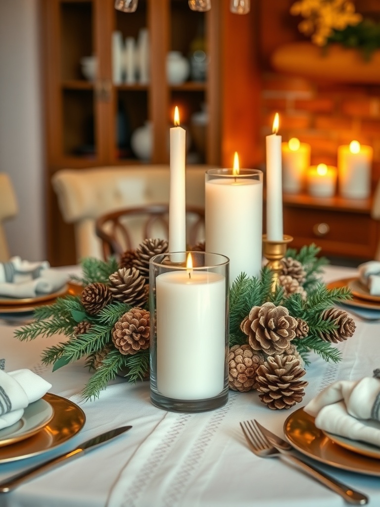 15 Cozy Fall Home Decor Ideas to Transform Your Space 1 A rustic dining table centerpiece featuring pumpkins, pinecones, and candles.