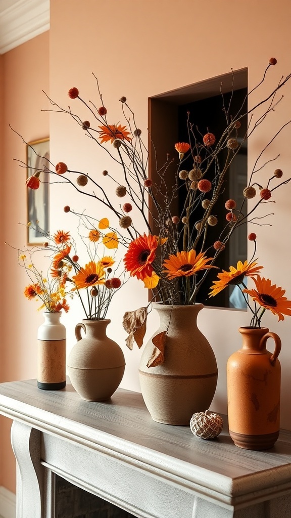 A collection of terracotta vases filled with colorful flowers on a mantel