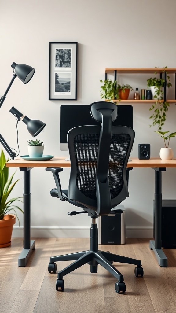 11 Inspiring Home Office Decor Ideas to Boost Your Productivity 1 A modern home office setup featuring an ergonomic chair, desk, and plants.