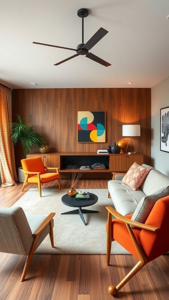 A stylish mid-century modern living room featuring orange chairs, a neutral sofa, and wooden paneling.