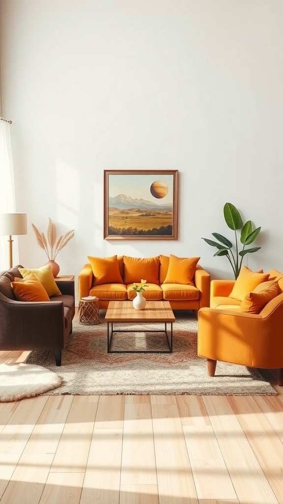 A cozy living room with orange and brown seating, a coffee table, and warm decor.
