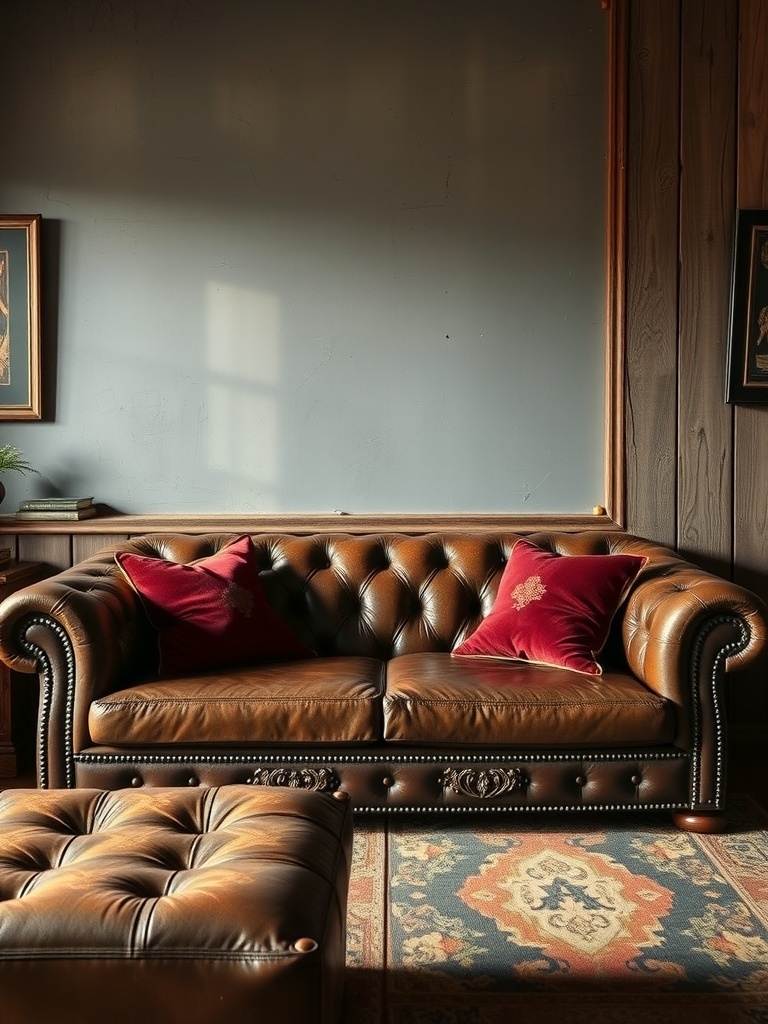 16 Unique Gothic Western Home Decor Finds 4 A leather sofa with red pillows in a gothic western styled room