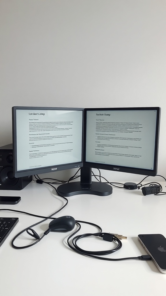 A double monitor setup with minimal visible cables on a clean desk.