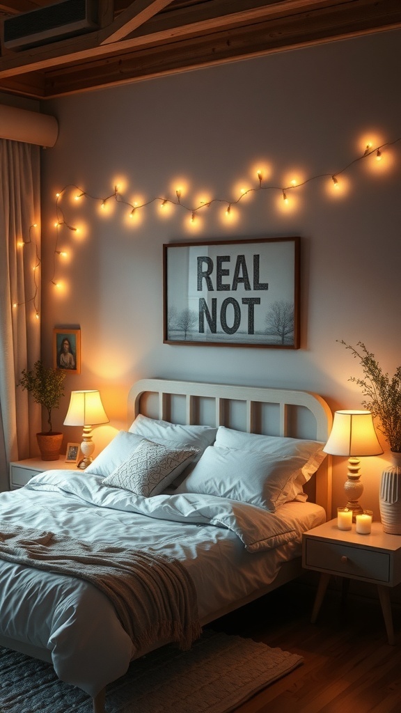 A cozy bedroom with soft lighting, featuring fairy lights, table lamps, and candles.