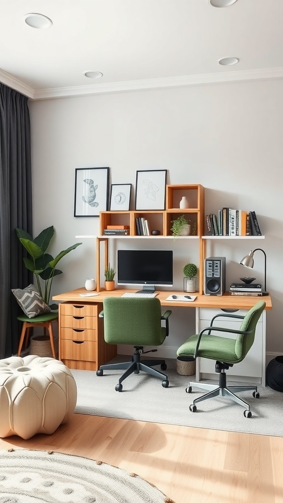 A modern home office with a wooden desk, green chairs, and decorative shelves.