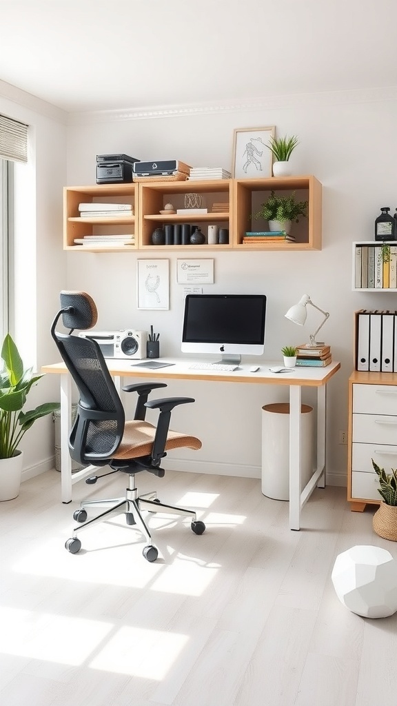A modern home office setup featuring a spacious desk, ergonomic chair, open shelving with plants and books, and natural light.
