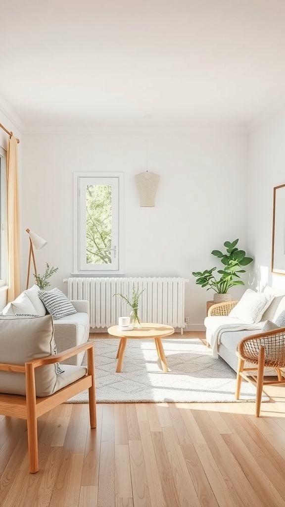 A bright Scandinavian style living room with neutral sofas, wooden furniture, and plants.