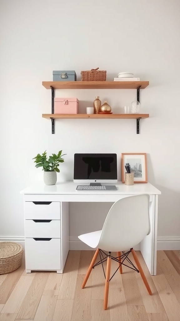 A feminine home office featuring a white desk with storage drawers, open shelving with decorative boxes, and a plant.