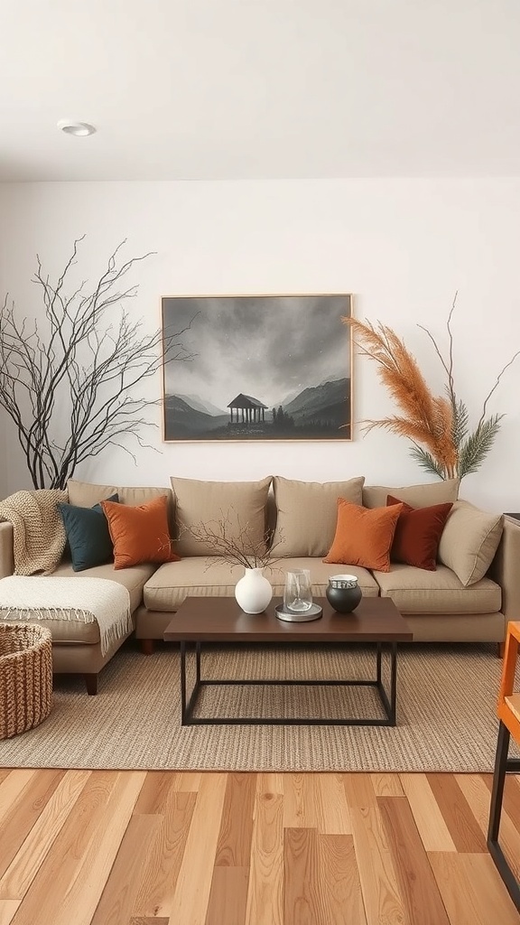 Cozy fall living room with natural accents, featuring a neutral sofa, autumn-colored cushions, and decorative branches.