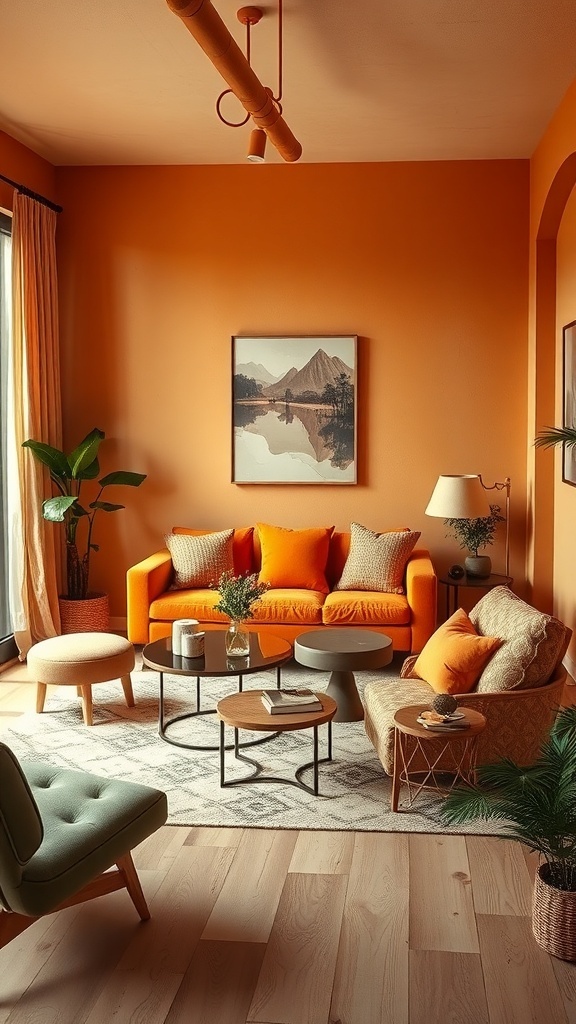 Cozy living room with earthy color palette featuring an orange sofa, green accents, and wooden furniture.