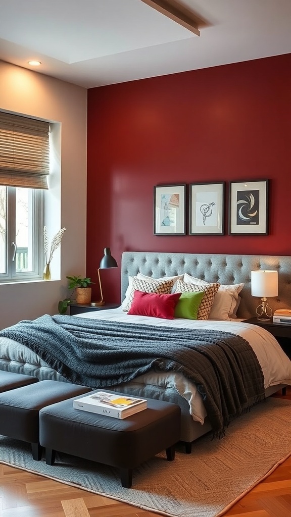 A stylish bedroom featuring a red accent wall, gray headboard, and decorative pillows.