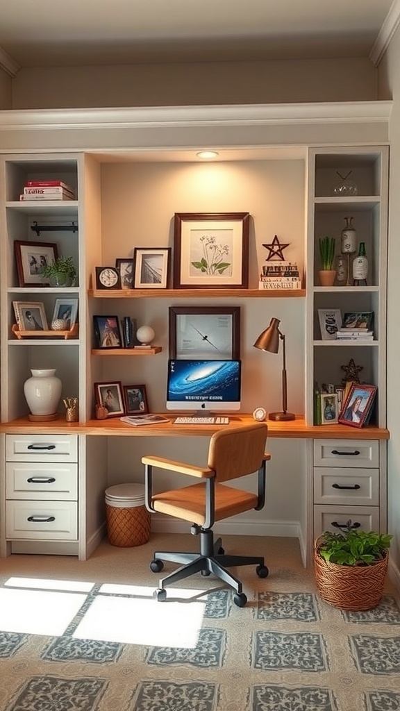 A cozy built-in desk area with shelves, a computer, and personal decorations.