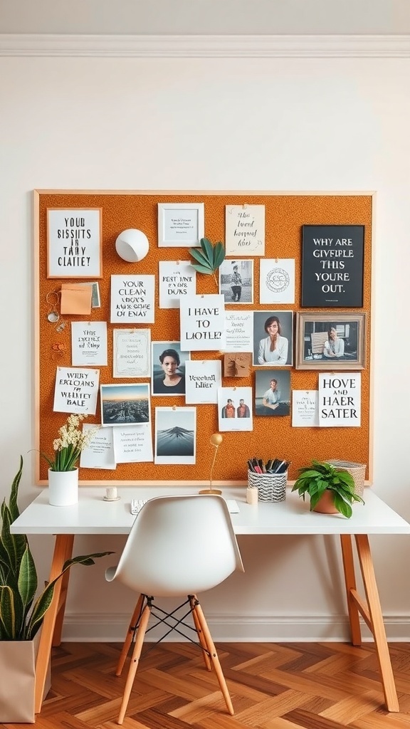 9 Chic Feminine Home Office Ideas for a Stylish Workspace 1 A corkboard filled with motivational quotes, images, and notes in a feminine home office setting.