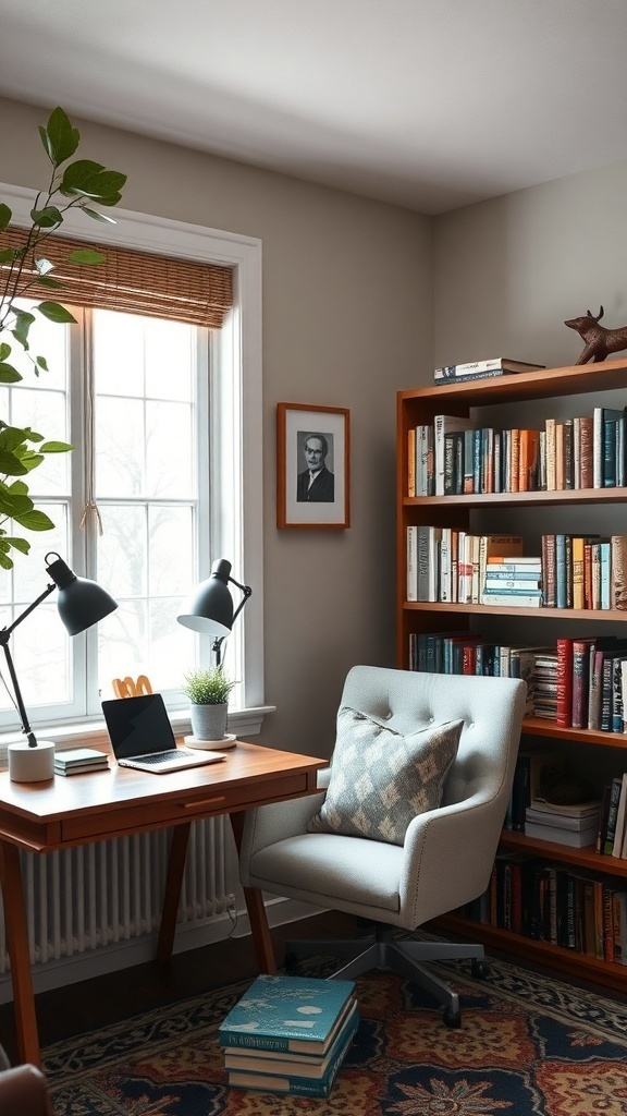 A cozy home office with a desk, chair, bookshelf, and plants.