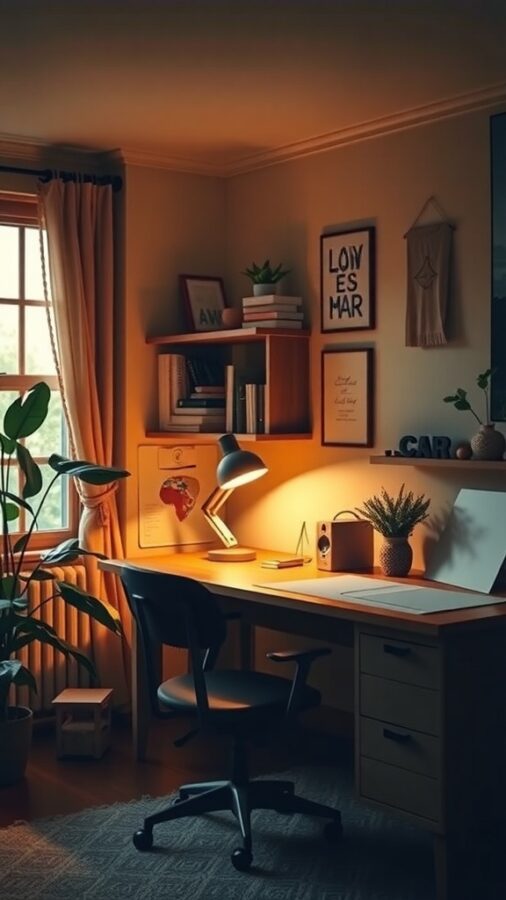 A cozy home office with warm lighting, featuring a wooden desk, a desk lamp, plants, and artwork on the walls.