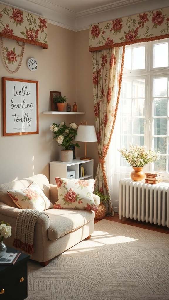 A feminine home office with floral curtains and cushions, featuring a cozy sofa and decorative elements.