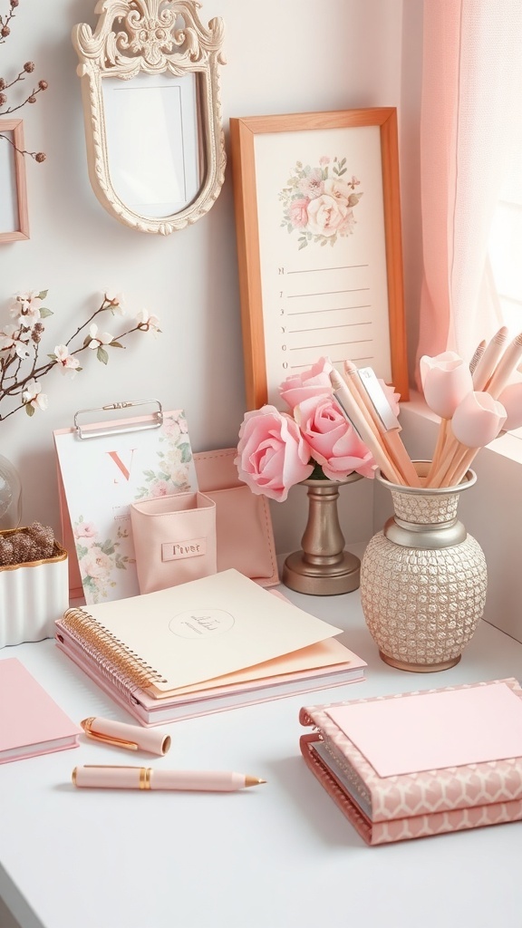 A feminine home office desk with pink decor, including flowers, notebooks, and elegant accessories.