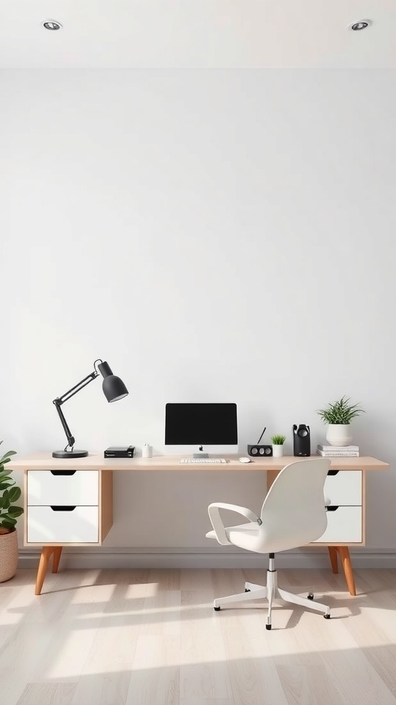 A minimalistic home office setup featuring a desk, a computer, a lamp, and plants.