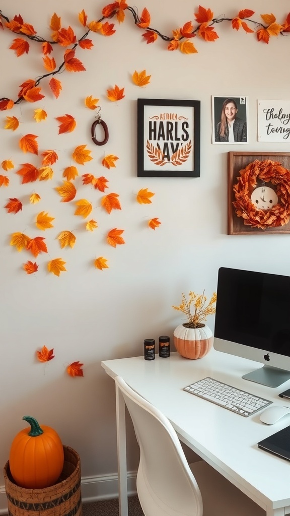 A cozy home office with autumn-themed decor, featuring colorful leaves on the wall, pumpkins, and a stylish desk.