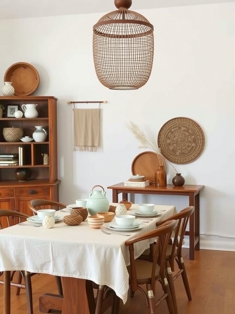 10 Home Decor Trends to Watch in 2025 9 A cozy dining area featuring artisanal home accessories, including a woven pendant light, ceramic dishes, and wooden decor.