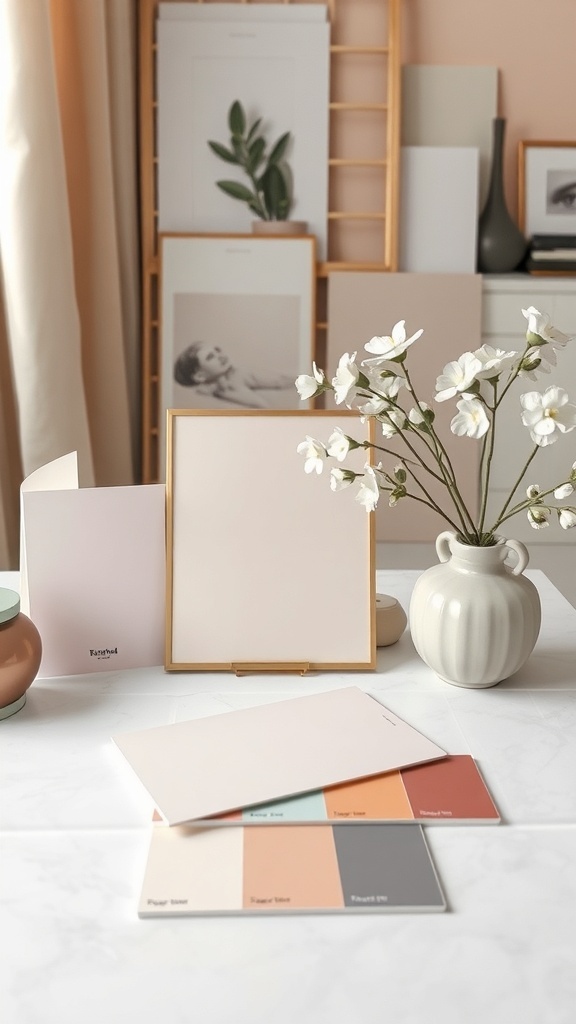 Color swatches for bedroom decor with soft hues and a flower arrangement