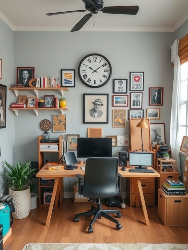 10 Home Decor Trends to Watch in 2025 10 A stylish home office with a wooden desk, computer setup, and framed artwork on the walls.